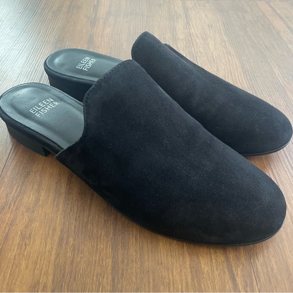 EILEEN FISHER Mules 6.5 Earth Dion Black Suede Leather Loafer Slide Slip On Shoe - Picture 1 of 10